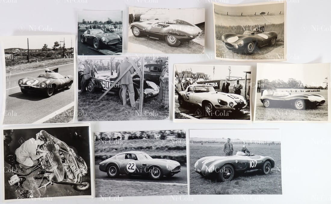 Automobilia 10x B/W Press Photos Jaguar and Aston Martin Ra: Partly original images, including e.g. E-Type Lightweight, DB4 GT Zagato, DBR1 etc., from 13 x 13 to 25 x 20 cm
