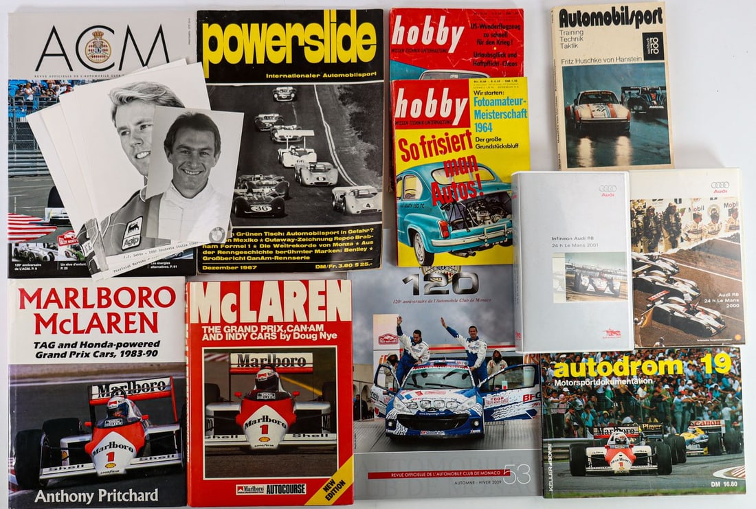 Automobilia 17-piece books, magazines, periodicals etc. on: E.g. 2 VHS cassettes Audi R8 24 h Le Mans 2000 and 2001, 2 magazines ACM, Powerslide December 1967, 6 original B/W portrait press photos of racing drivers, e.g. J.J. Lehto, Christian Fittipaldi etc. B