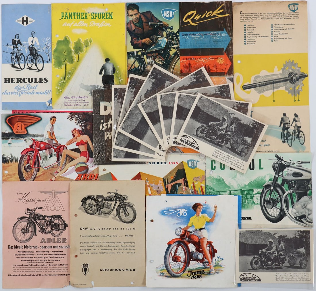 Automobilia 19-piece Brochures/Postcards Motorcycle from th: 11 brochures, including 5x NSU, 1x Ardie, 1x imme R100, 1x Adler M100, 1x Hercules, 1x DKW, 1x Panther, 8 BMW postcards 'Fahrerlob-Anhänger' German