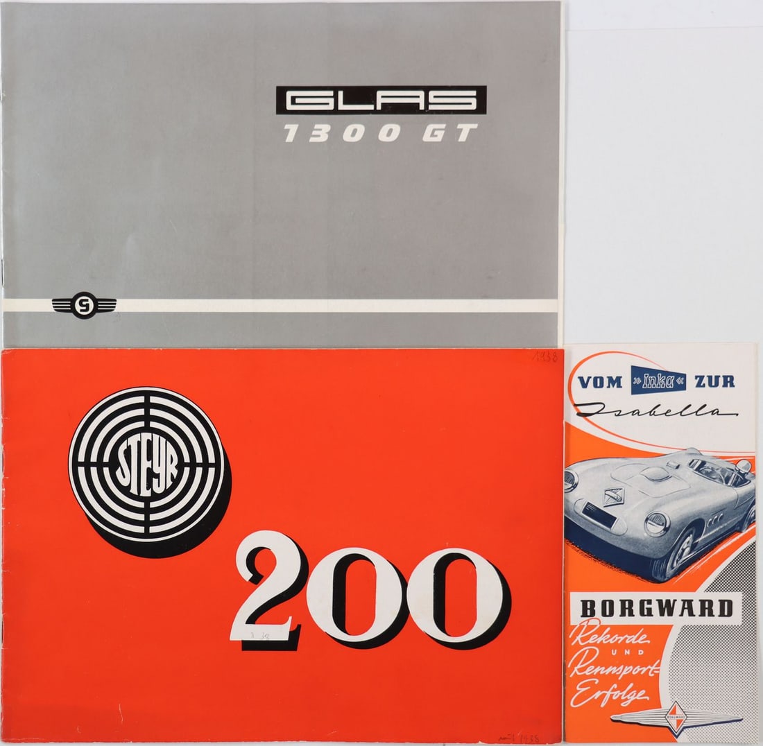 Automobilia 3 brochures from the 1930s–1960s: Borgward records and motorsport achievements, Glas 1300 GT, Steyr 200, German
