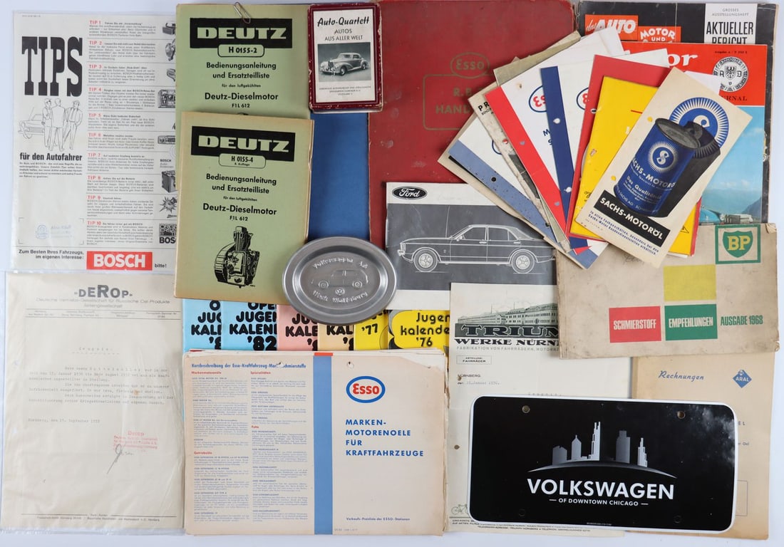 Automobilia 30-piece: Owner's manual and spare parts list Deutz-Dieselmotor F1L 612 from 1953 and 1956, 2 magazines 'Das Auto, Motor und Sport' (No. 20, 1959) and 'AvD Journal Motor Reise Revue' (No. 12, 1963), collection