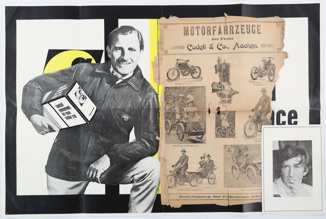 Automobilia 5-piece 1900s–1970s: Advertisement 'Motorfahrzeuge der Firma Cudell & Co.', Aachen ca. 1900, mourning acknowledgment by Nina Rindt on the death of her husband Jochen Rindt 1970, 2 Mobiloil tags, poster 'Speedwell' (51 x