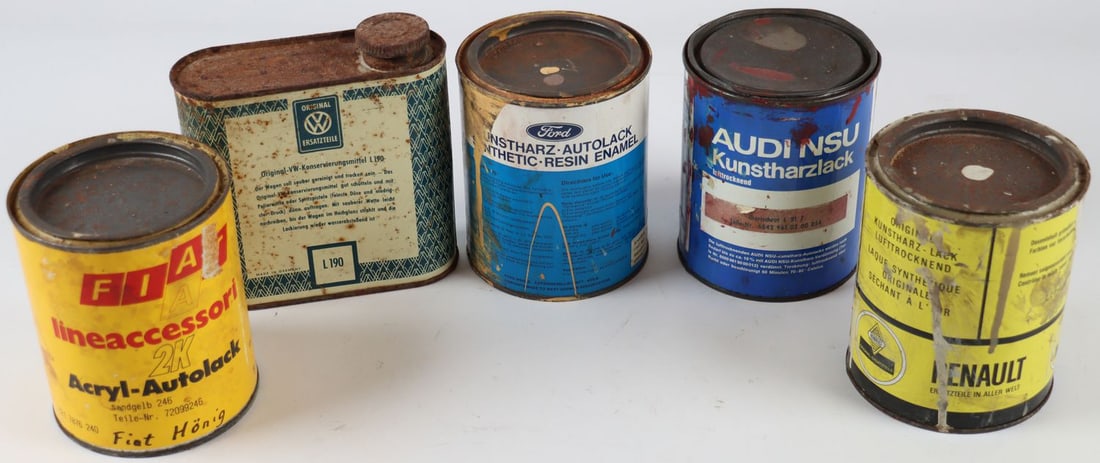 Automobilia 5-piece tins from the 1950s–1970s: Tin Original-VW-Konservierungsmittel 1950s, 16 x 15 x 6 cm, 4 paint tins, including Ford (sahara beige), Audi-NSU (iberian red), Renault (white), Fiat (sand yellow), all with contents, 1960s/1970s