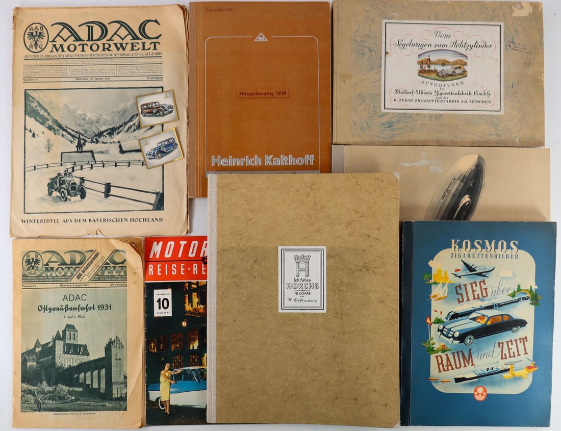 Automobilia 8-piece, 1920s–1950s: '12 Köpfe Prominenter Horchbesitzer' drawn by R. Grossmann, cigarette card album 'Sieg über Raum und Zeit' (complete), Zeppelin-Weltfahrten (complete), magazines, etc.