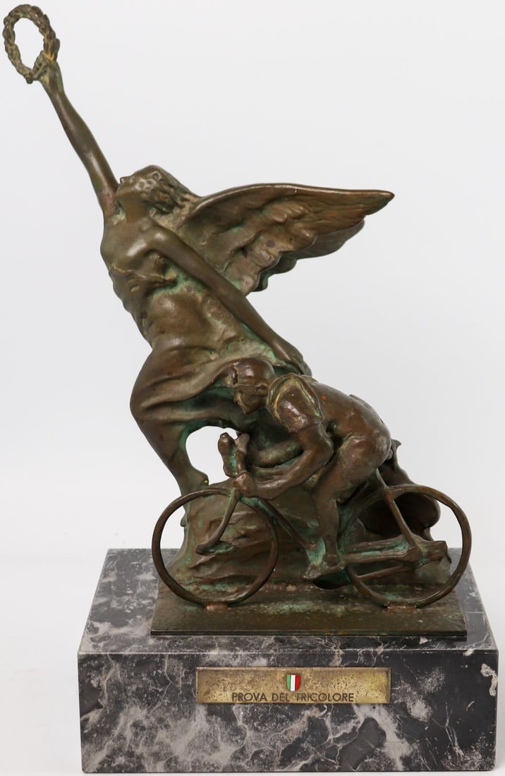 Automobilia Bronze Sculpture 'Prova del Tricolore': 26 x 19 x 47 cm, on marble base (broken in one place), weight: 18.6 kg