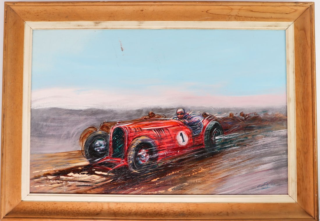 Automobilia Oil painting racing car approx. 1930s (1 of 2)