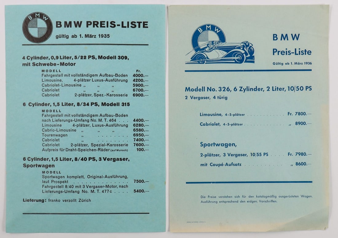 BMW 2 Price Lists (Switzerland) Type 326 + 327 (1936) Type (1 of 1)