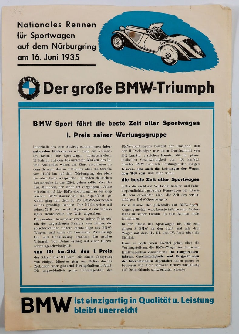 BMW Small poster 'Der Große BMW Triumph' Nürburgring 1935 T: DIN A4, 1 page