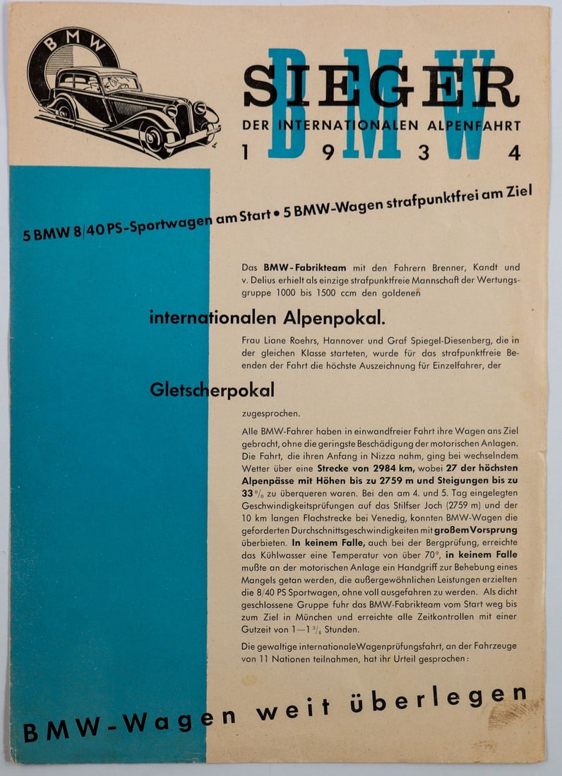 BMW Small poster DinA4 BMW 8/40 315/1 winner Alpine Rally 1: 1 page
