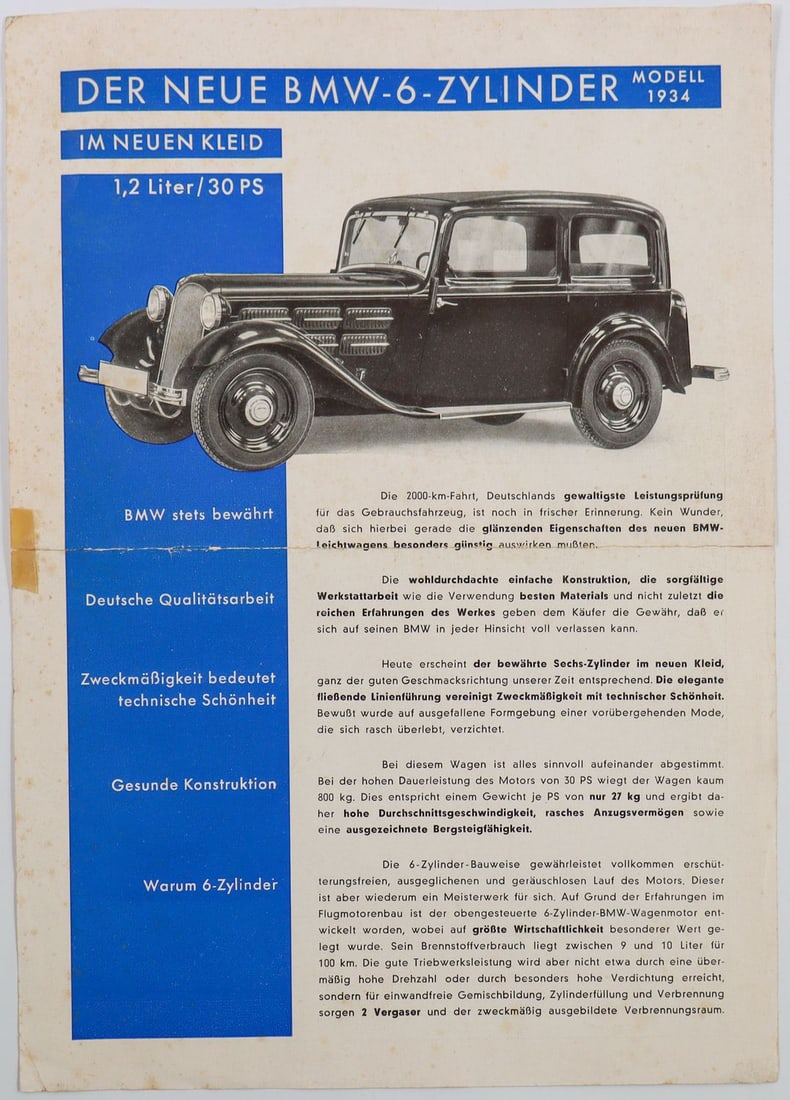 BMW Brochure Type 303 from 1934: German, 2-sided, small repair spot and tear