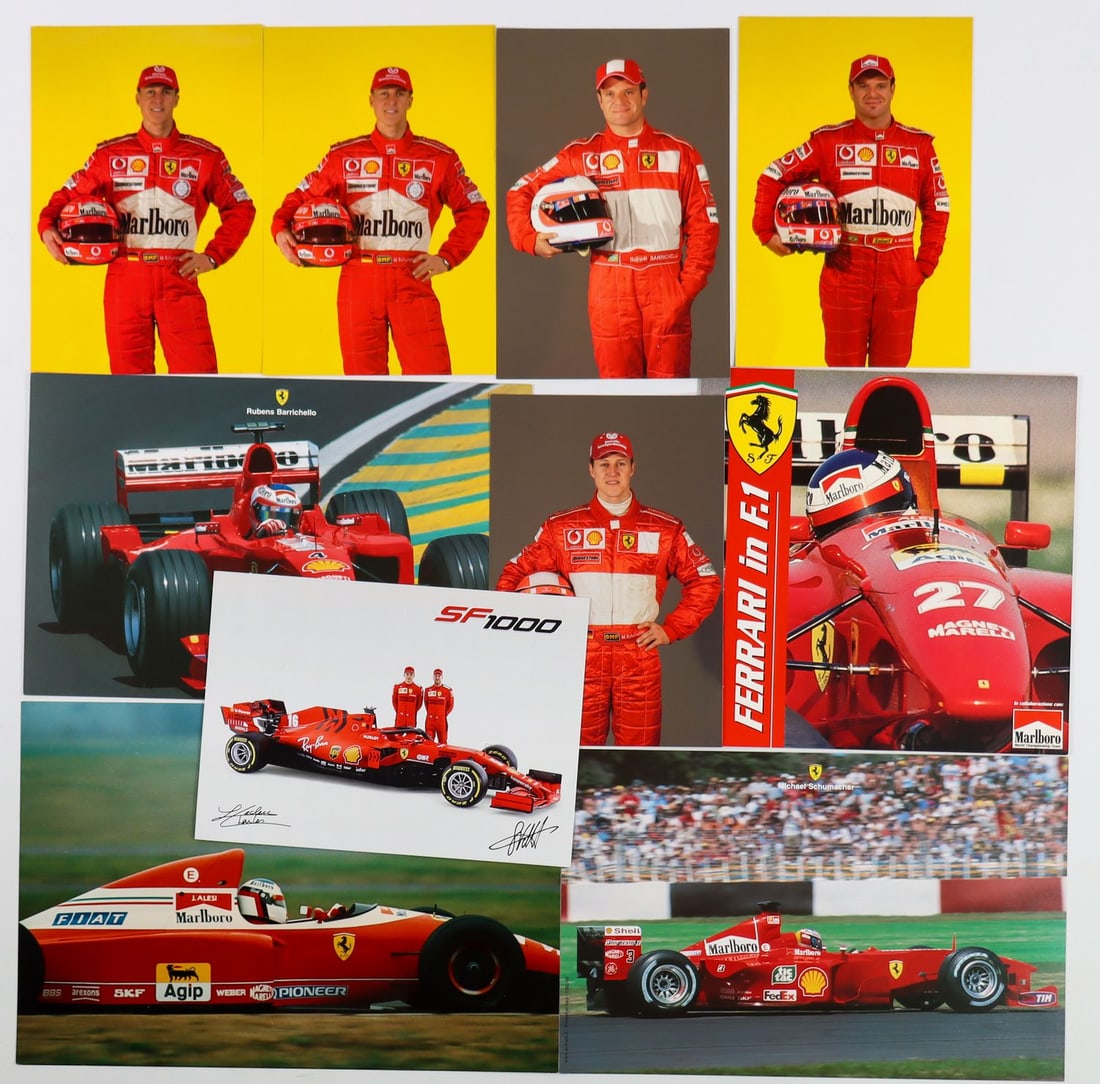 Ferrari 10-piece: 9 color photos / autograph cards, e.g. SF1000 (Sebastian Vettel / Charles Leclerc), Michael Schumacher, Jean Alesi etc., plus brochure 'Ferrari in F.1'