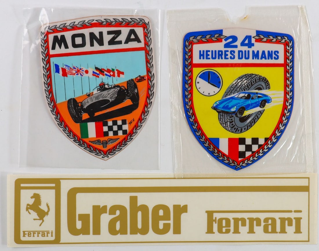 Ferrari 3 Stickers: 1x Graber Ferrari, 5.5 x 23 cm, 2x '24 Heures du Mans' from the 1960s, 10.5 x 8.5 cm