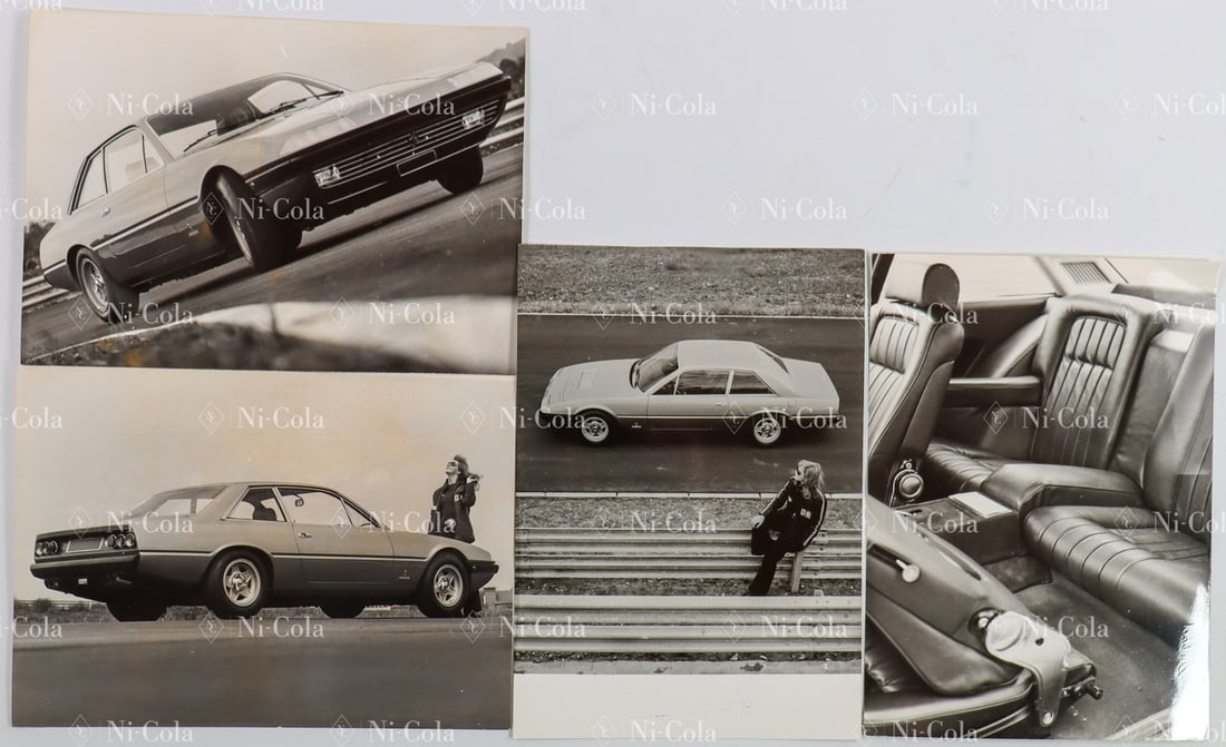 Ferrari 4 original B/W press photos Typ 365 GT4 2+2: 12.7 x 17.7 cm