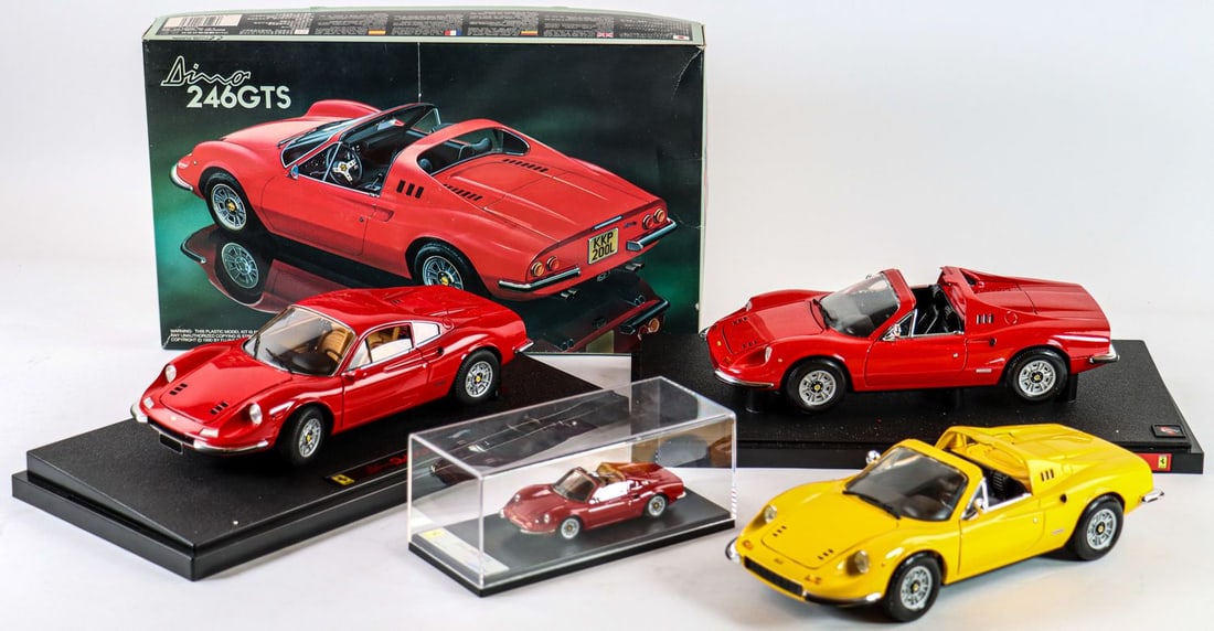 Ferrari 5-piece Model Cars Typ 246 GTS: Mattel Ferrari Dino 246GTS (scale: 1:18), Locksmart Dino 246 GTS (scale: 1:43), Fujimi model kit Dino 246GTS (scale: 1:24), etc.