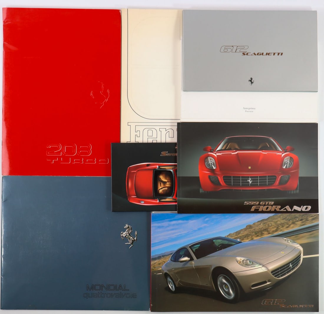 Ferrari 8-piece: Type 308i / 308 GTSi (10M/10/81), 208 Turbo (6M/4/82), Mondial Quattrovalvole (12M/7/82), 599 GTB Fiorano etc., various languages
