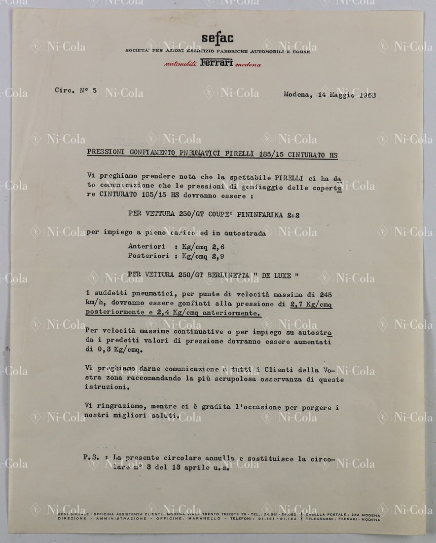 Ferrari Estate of Luigi Chinetti Motors: Circolare No. 5 regarding the 250 GT Coupe Pininfarina 2+2 dated 14 Maggio 1963, 1 page, Italian
