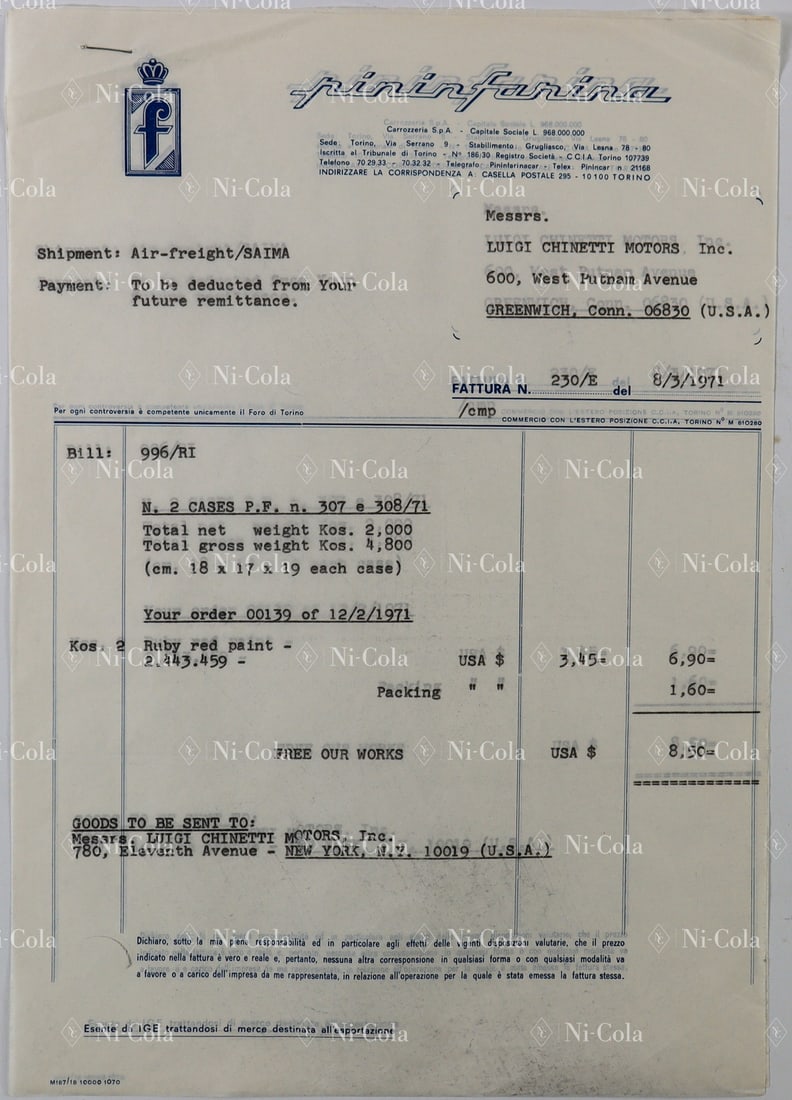 Ferrari Estate of Luigi Chinetti Motors: Original Pininfarina invoice from 1971 for a delivery of ruby red paint (Ruby red), as well as spare parts, issued to the legendary US Ferrari importer Luigi Chinetti Motors, 1 page, English