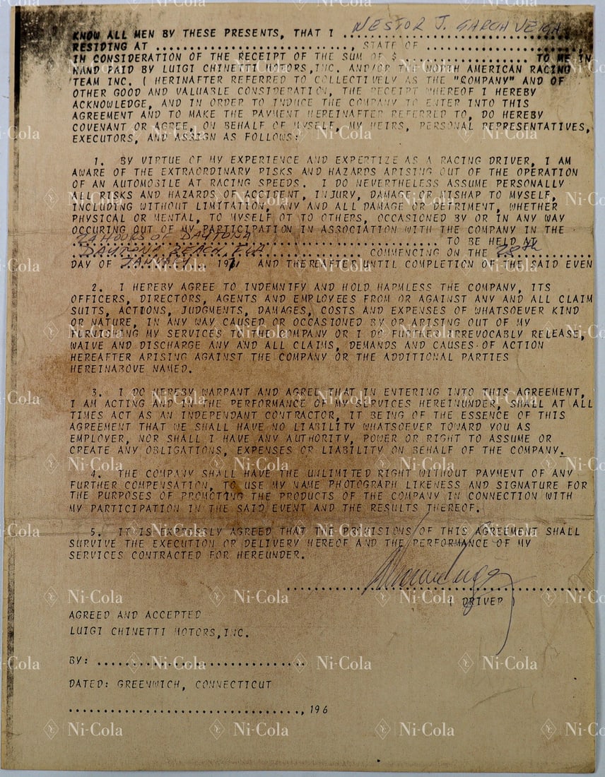 Ferrari Estate of the NART Racing Team of Luigi Chinetti: Hand-signed driver contract for the 24H Daytona Race 1971. Between Nestor Garcia-Veiga and Luigi Chinetti Motors Inc. The team consisting of Luigi Chinetti jr. / Garcia Veiga / de Cadenet raced with t