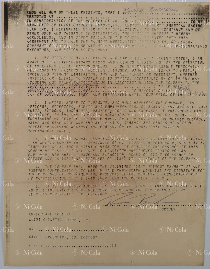 Ferrari Estate of NART Racing Team by Luigi Chinetti: Hand-signed driver contract for the 24H Daytona Race 1971. Between Ronnie Bucknum and Luigi Chinetti Motors Inc. The team Bucknum / Adamowicz finished in 2nd place overall with the Ferrari 512S, s/n 1