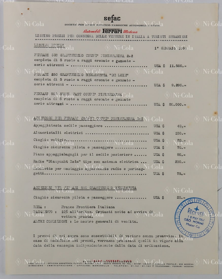 Ferrari Official Gorge Horne dealer price list for factory: With prices for various models such as 250 Lusso, 330 Coupé 2+2 and 500 Super Fast Coupé, prices for accessories for 330 Coupé 2+2 and 250 Lusso, all prices in dollars, stamped by New Zealand deale