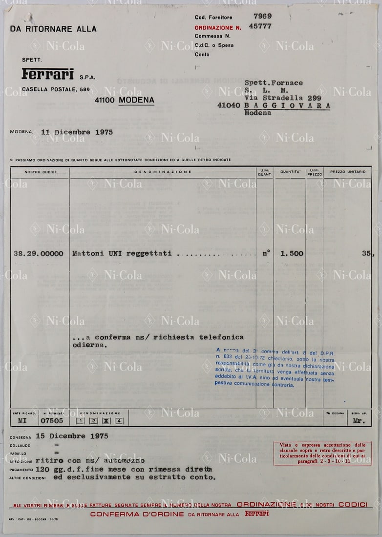 Ferrari Original Ferrari S.p.A. Factory Order Confirmation: On original Ferrari company letterhead. Official order for the factory in Modena/Maranello.