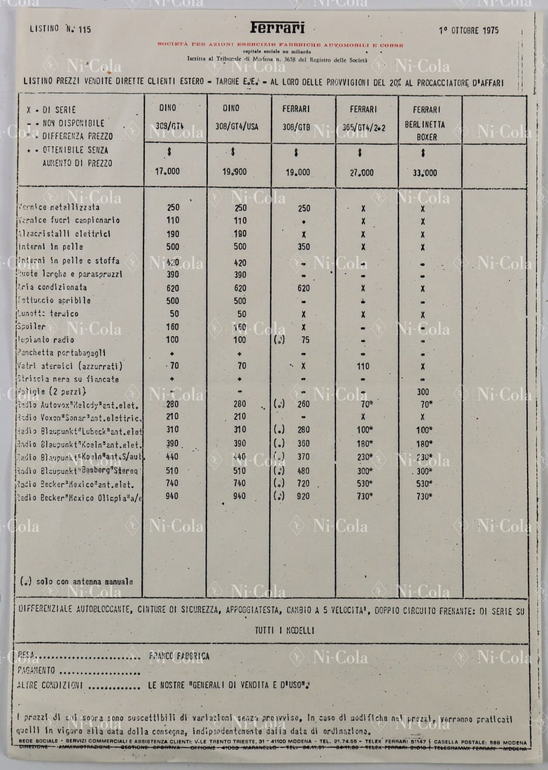 Ferrari Original Ferrari Factory Price List for Special Equ: For models such as Type 308 GT4, 365 GT4 BB, 365 GT4 2+2. Extremely rare equipment price list on official factory paper.