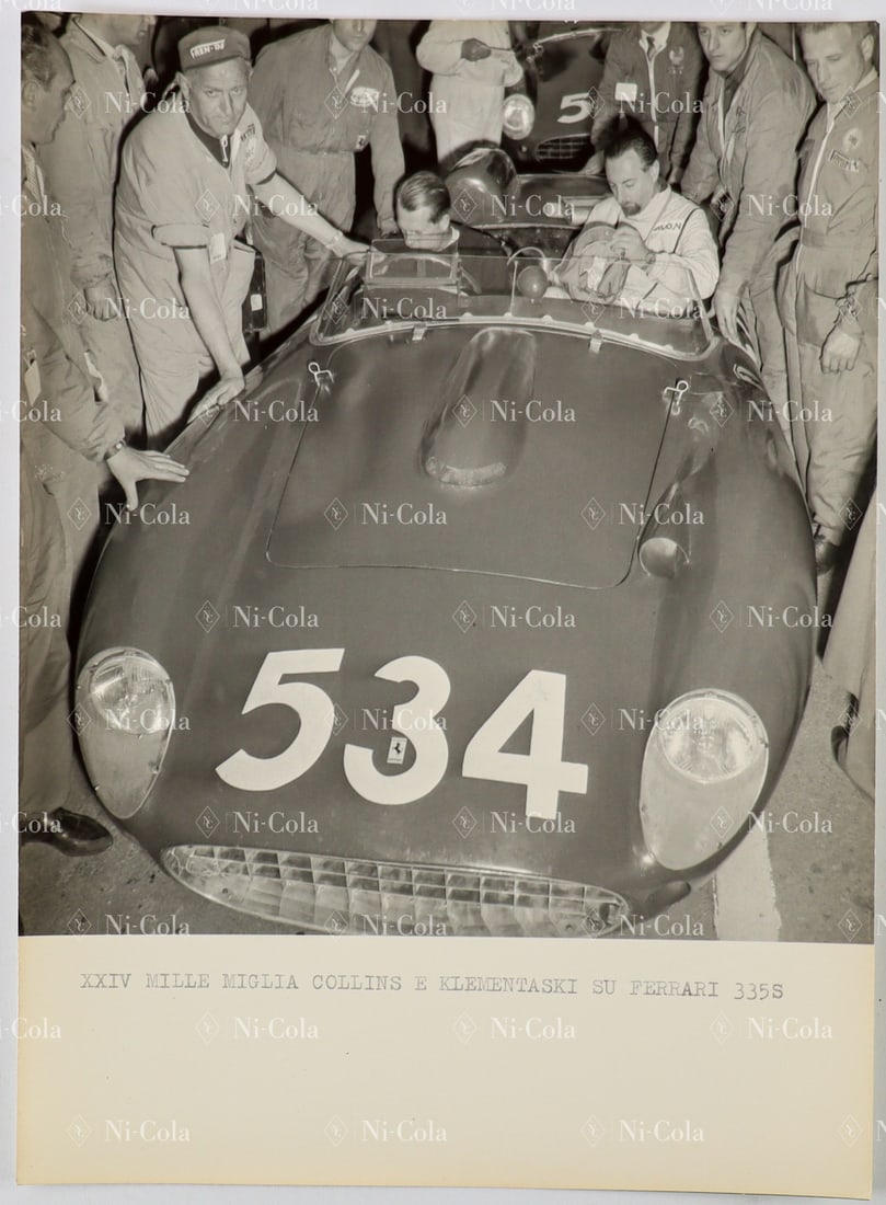 Ferrari Original Large-Format B/W Press Photo XXIV Mille Mi: Peter Collins and Louis Klemantaski in the Ferrari 335 Sport Chassis 0700. 23.7 x 17.7 cm