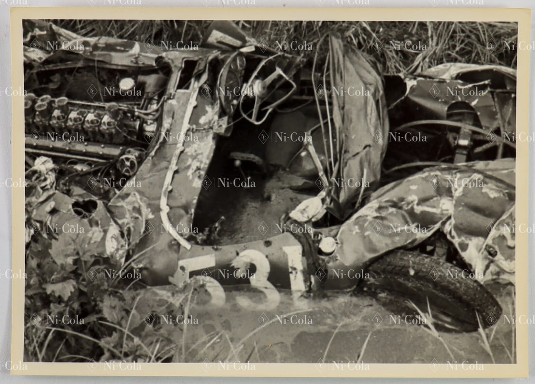 Ferrari Original B/W Press Photo Accident Alfonso de Portag: The fatal accident of Spanish racing driver Alfonso de Portago occurred on 12 May 1957 during the infamous Mille Miglia in Italy. 12.7 x 17.7 cm.
