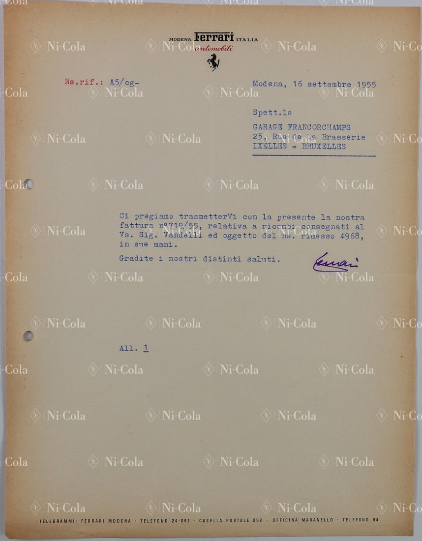 Ferrari Original letter from Enzo Ferrari to the Garage Fra: Enzo Ferrari asks the Garage Francorchamps to settle the invoice of Mario Vandelli. Mario Vandelli was a famous racing driver who participated together with Piero Taruffi in many races in the 1950s,