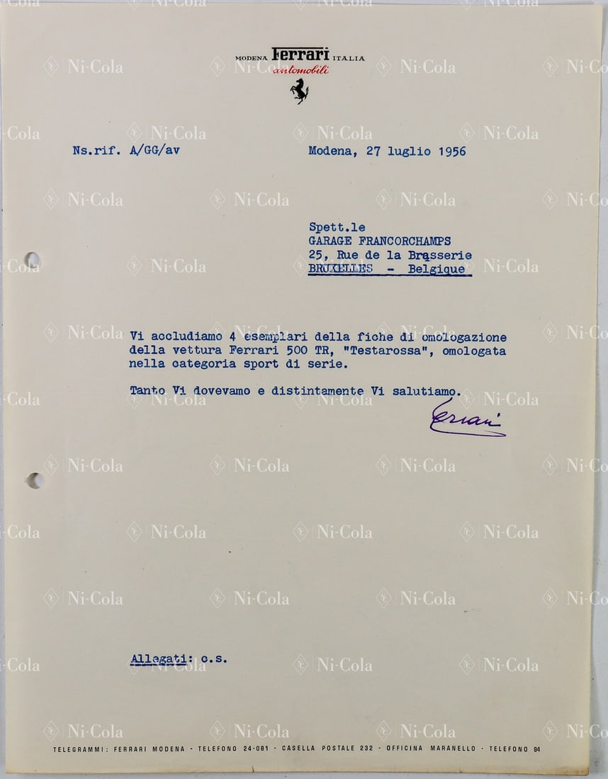 Ferrari Original letter from Enzo Ferrari to Garage Francor: Enzo Ferrari writes: 'We are sending you 4 original homologations for the Type 500 TR Testarossa, which is permitted to compete in the series road sports car class.' Hand-signed Enzo Ferrari, very