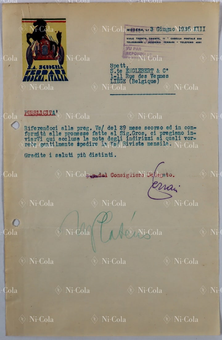 Ferrari Original letter from Enzo Ferrari to Englebert date: Enzo Ferrari asks Englebert for a magazine issue in which Scuderia Ferrari had placed an advertisement, certainly to verify whether the ad had appeared, 1 page, Italian, hand-signed by Enzo Ferrari