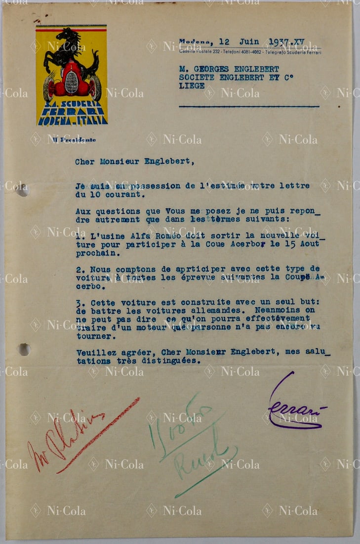 Ferrari Original letter from Enzo Ferrari to Georges Engleb: Enzo Ferrari provides Mr. Englebert with information about the latest plans, including discussion of the brand-new Alfa Romeo racing car 12C-37, which is set to participate in the Coppa Accerbo 1937
