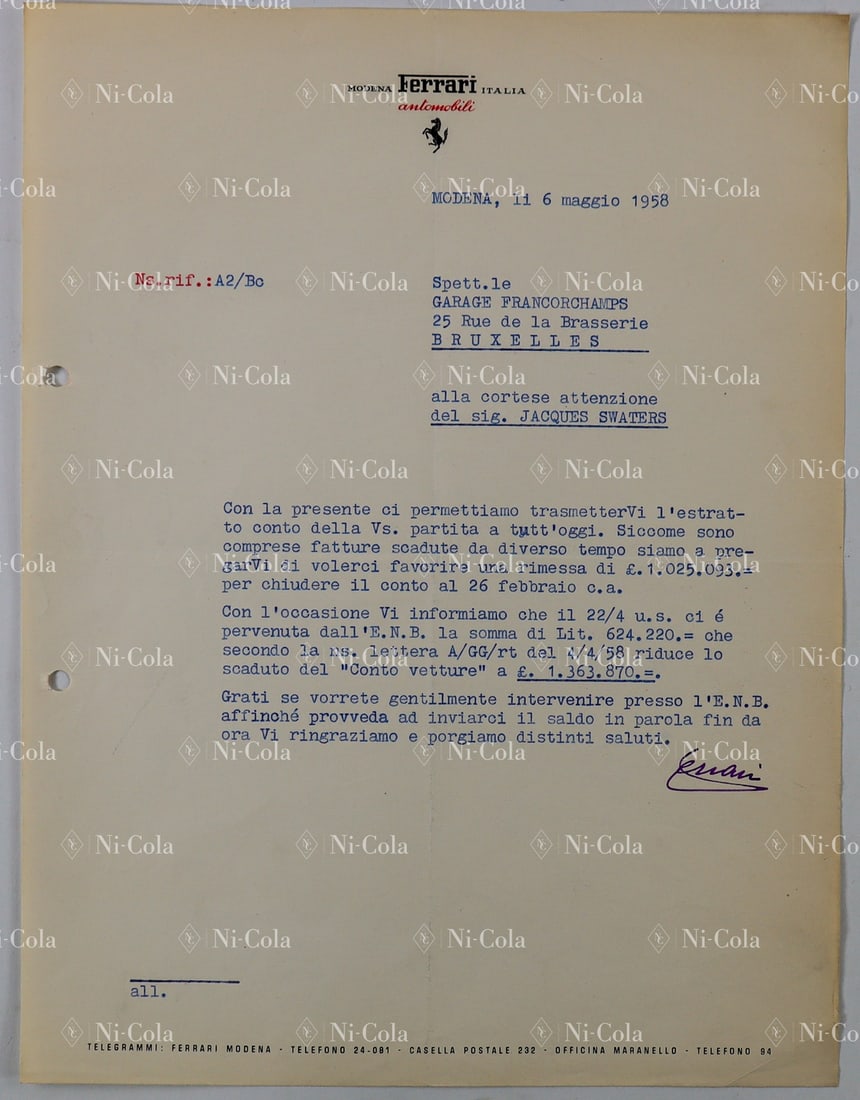 Ferrari Original letter from Enzo Ferrari to Jacques Swater: Enzo Ferrari personally reminds Jacques Swaters to pay his overdue invoices. A not untypical letter, as both Ferrari and Swaters suffered from chronic financial difficulties. Hand-signed Enzo