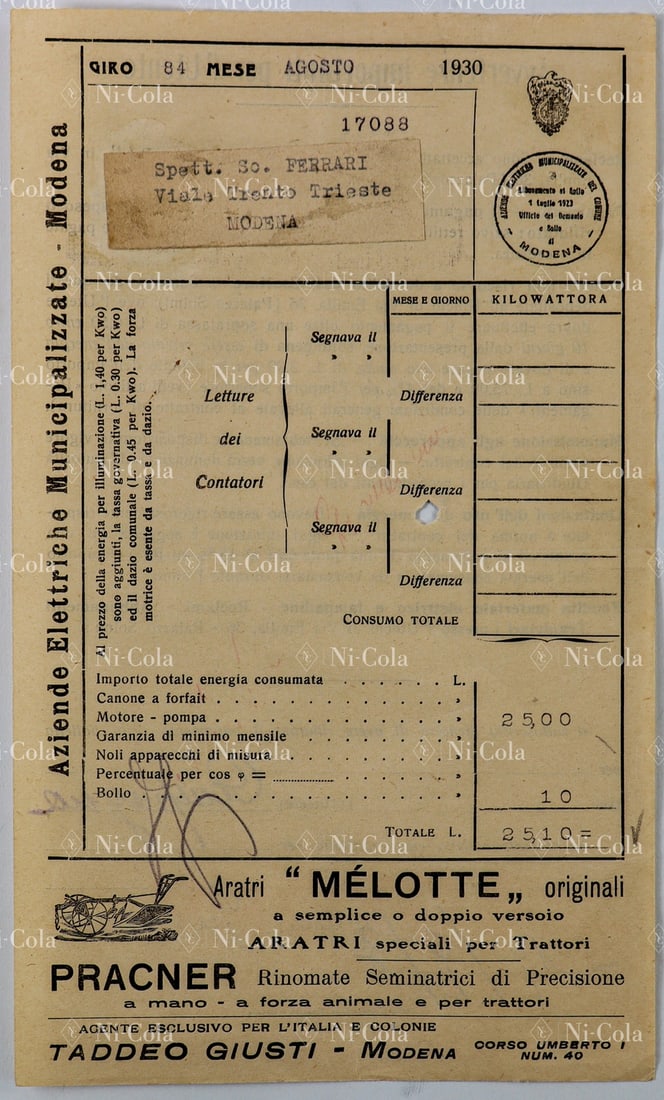 Ferrari Original electricity bill for the Scuderia Ferrari: Sent to the Viale Trento Trieste in Modena for 25.10 Lire. Very early, as the famous headquarters of the Scuderia Ferrari was only occupied at the beginning of 1930. Very rare