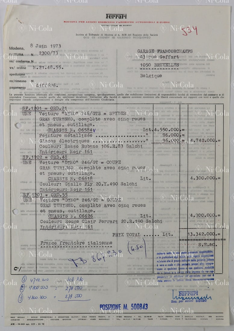 Ferrari Original Factory Invoice to the Belgian Importer Ga (1 of 2)