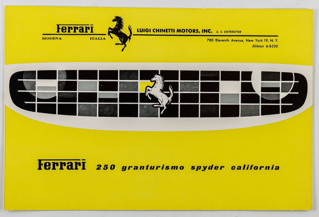 Ferrari Brochure Typ 250 GT California Spyder SWB: With rare dealer imprint Ferrari Luigi Chinetti Motors, weight: 1000 kg, tank capacity: 120 litres, 4 pages, English