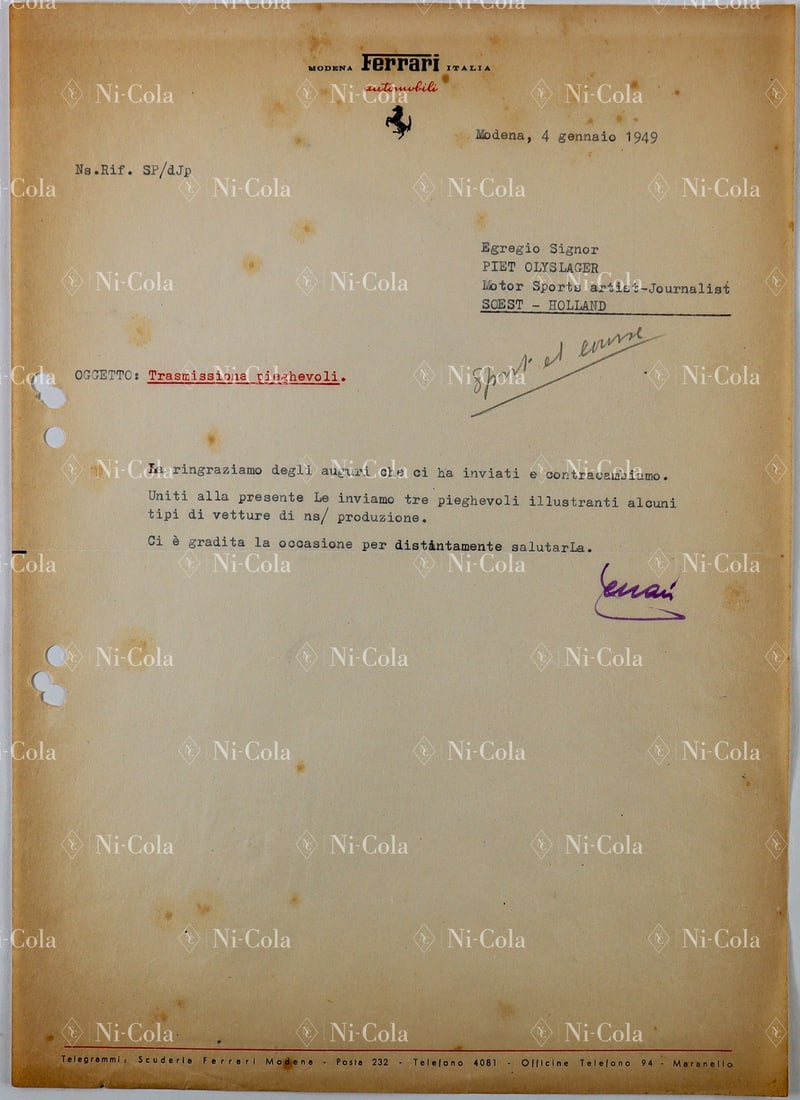 Ferrari Letter from Enzo Ferrari to Dutch journalist Piet O: Enzo Ferrari refers to 3 documents about the latest Ferrari models, very early and exceptionally bold hand signature by Enzo Ferrari, likely written with a different fountain pen, early letter from Ja