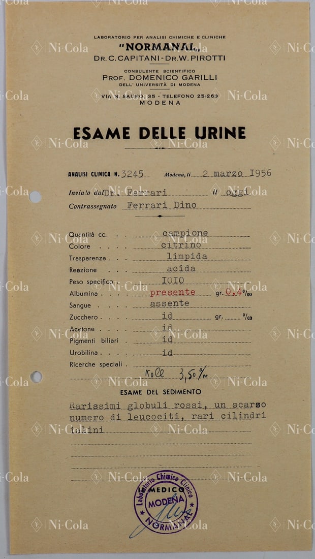 Ferrari Test Result 'Esame delle Urine' Urine Sample Result (1 of 1)