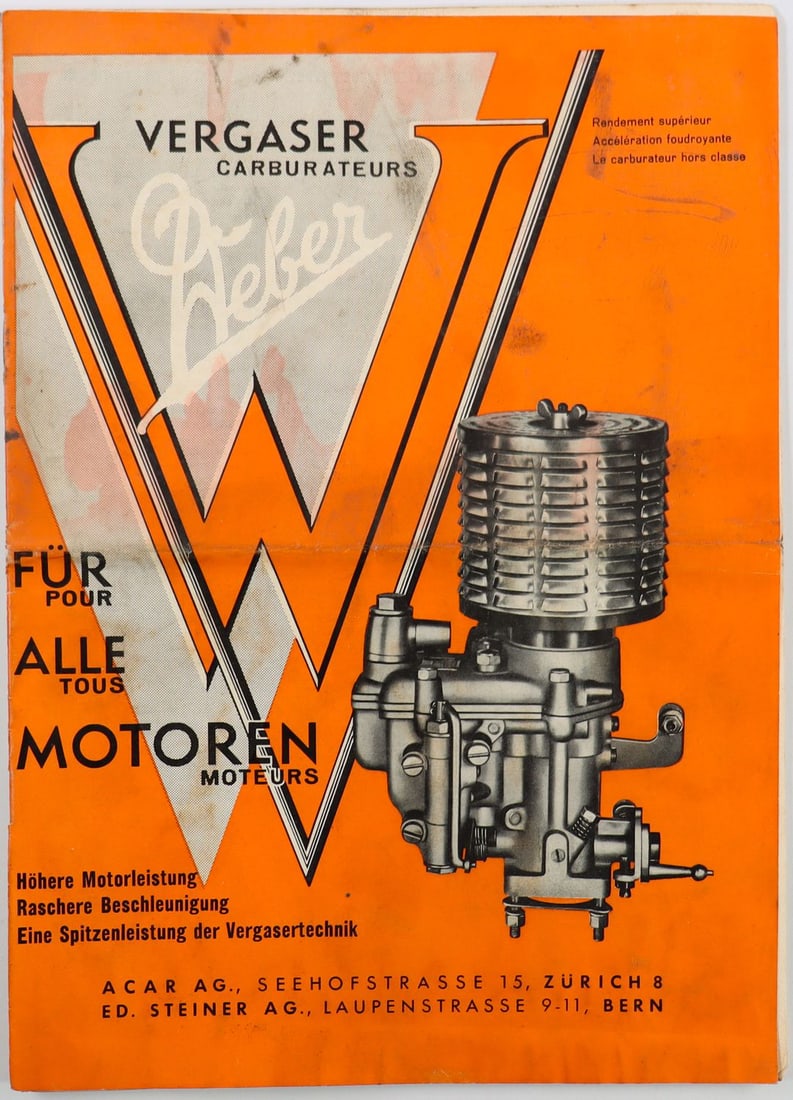 Ferrari Weber Vergaser Brochure ca. 1950: Insert sheet 2-sided with settings for e.g. Ferrari 166, 195, 212, 340, Maserati A6, BMW 328 etc.