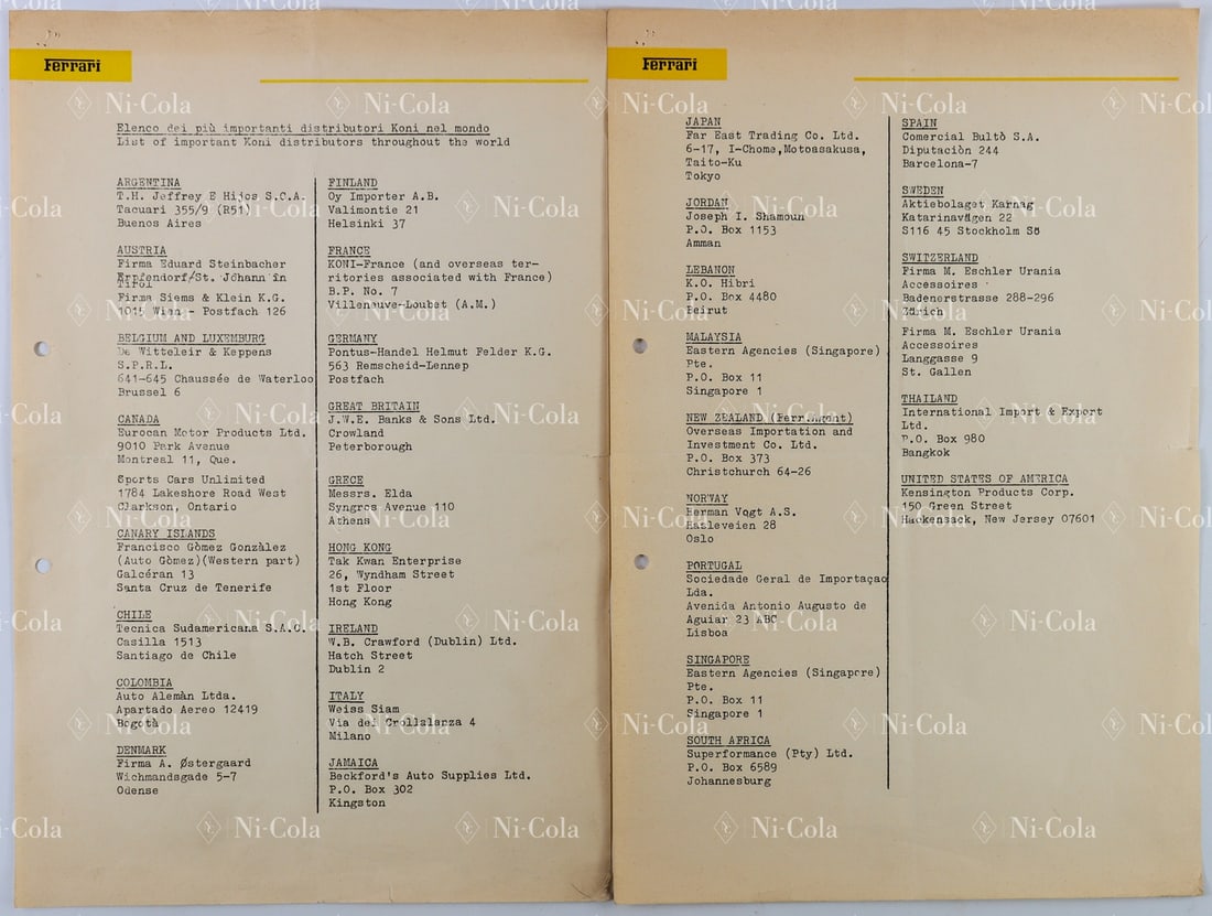 Ferrari Factory-internal dealer list for Koni spare parts f: 2 pages, Italian, English, very rare factory-internal dealer list