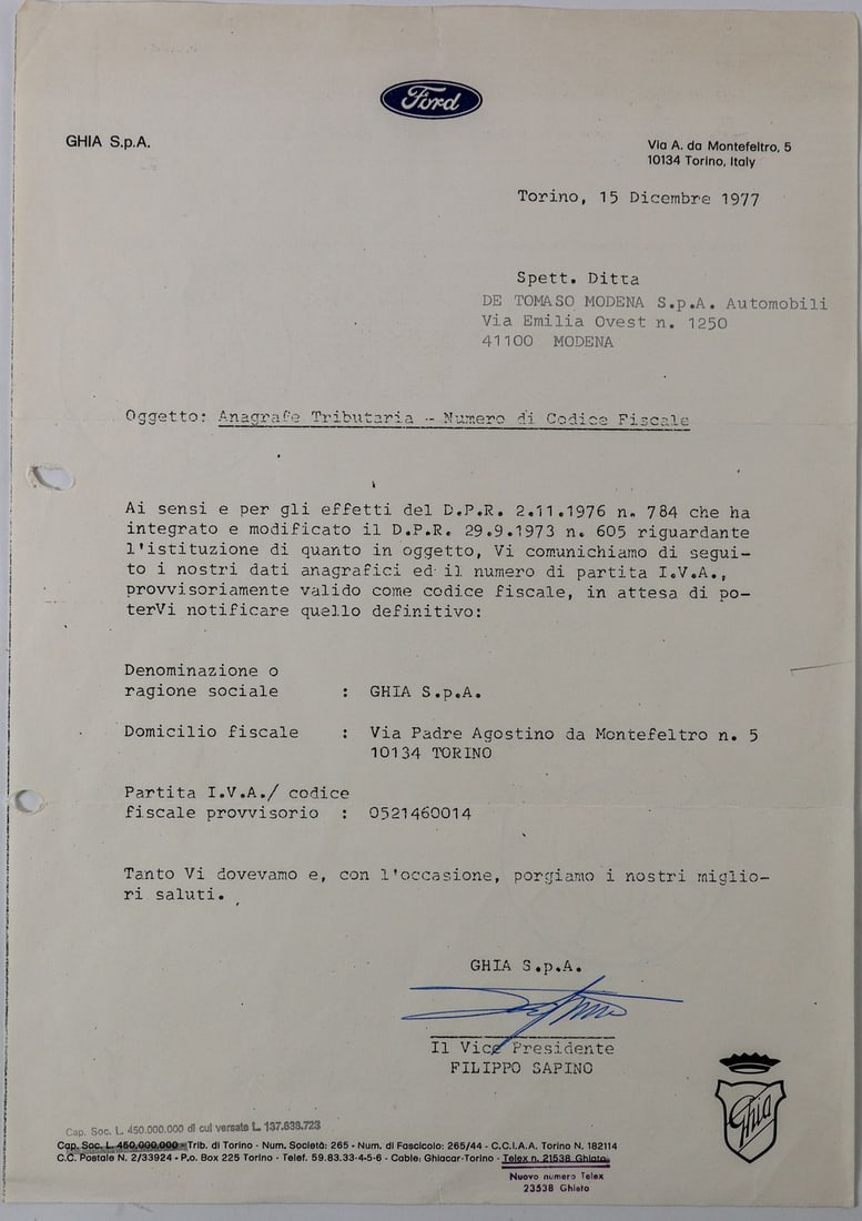 Ford Letter hand-signed by Vice President Ghia S.p.A. Filip: Italian