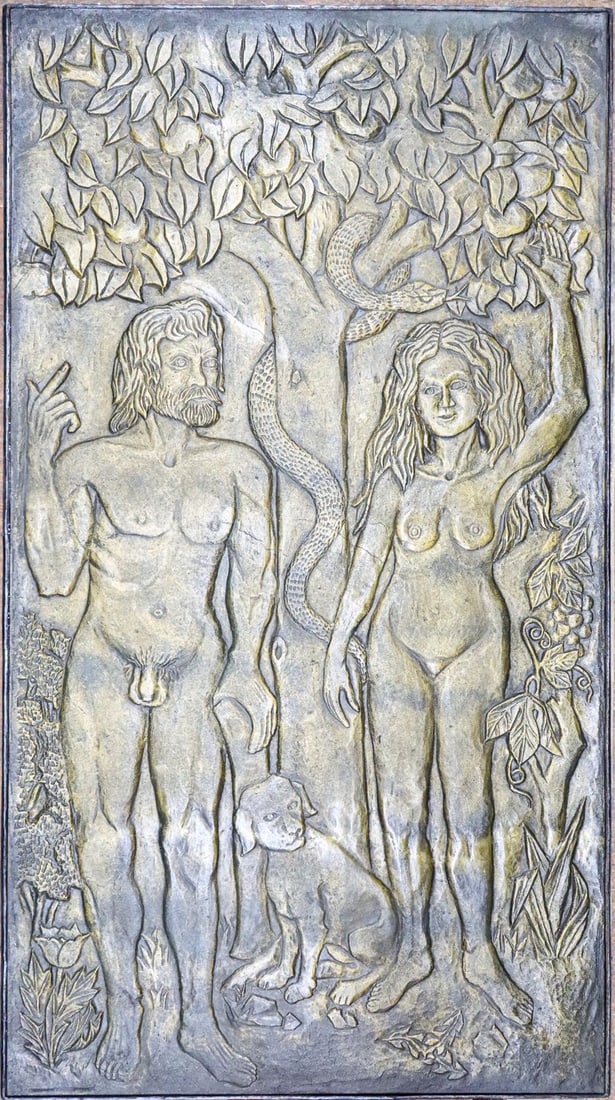 Gentlemens Corner Large decorative cast relief 'Adam and Ev: Large-format, intricately detailed bas-relief depicting the classic biblical scene of the Fall of Man in the Garden of Eden. At the center stands the Tree of Knowledge with the temptation of Eve by