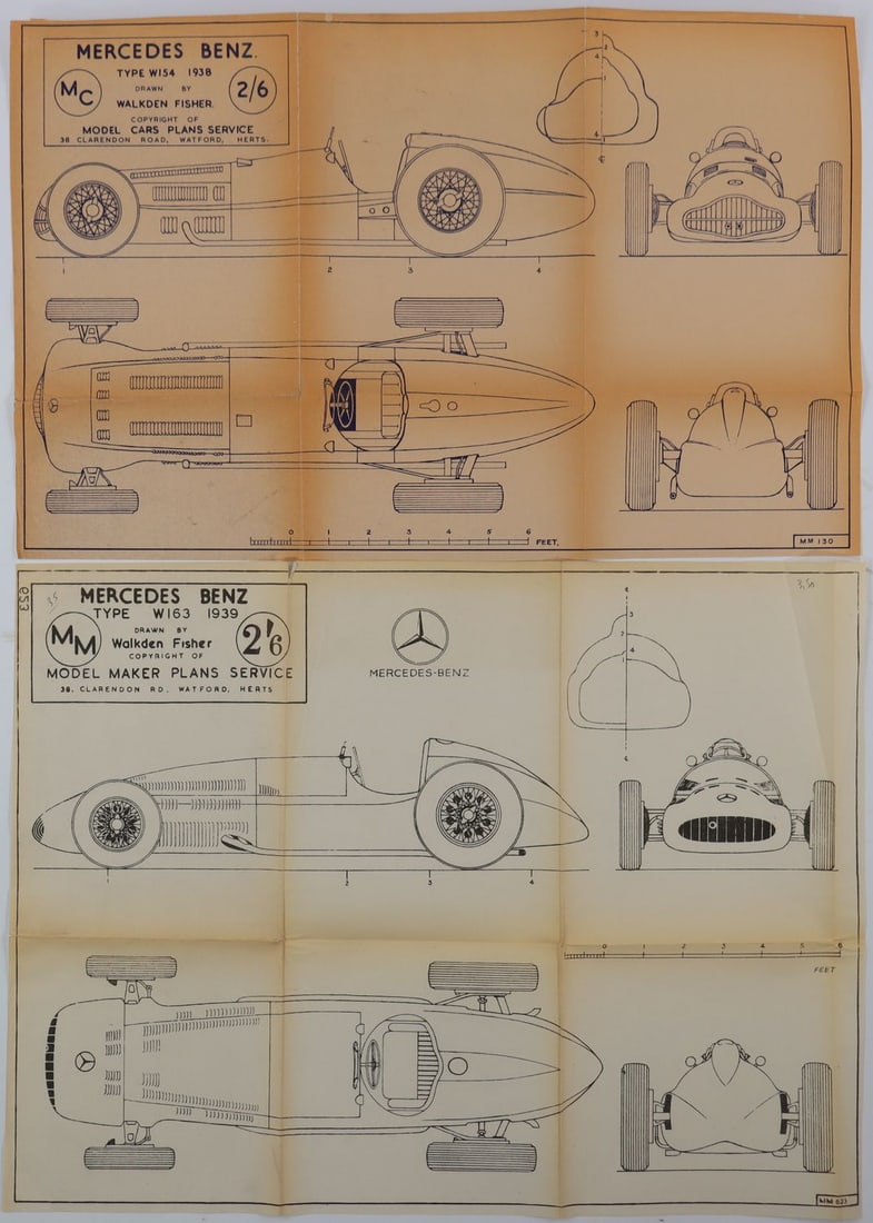 Mercedes-Benz 2 technical drawings W154 1938 and W163 1939: 35 x 53 cm and 42 x 55 cm