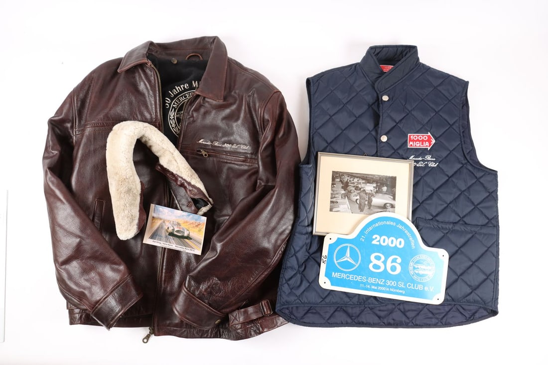 Mercedes-Benz Estate of Hans Klenk: 5-piece personal leather jacket and quilted vest Mille Miglia, both with imprint 300 SL Club, 1 original B/W press photo from Le Mans where Klenk participated together with Karl Kling in the 300 SL