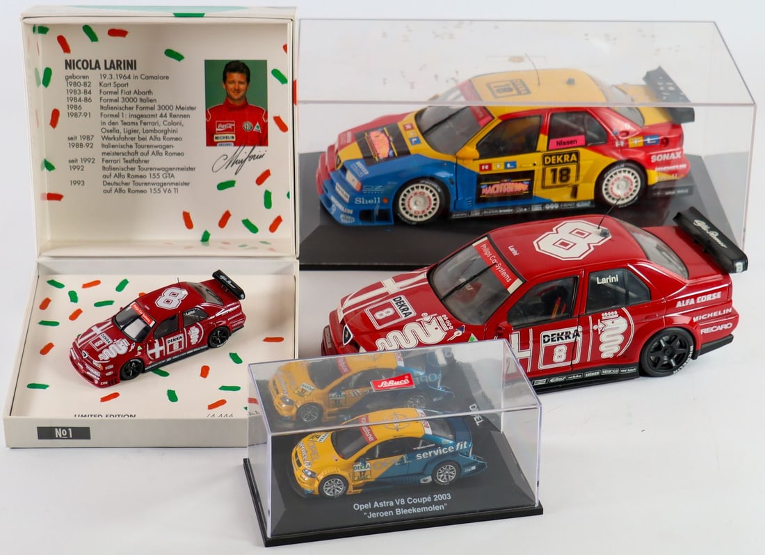 Modellauto 4-piece: DTM 1993 Alfa Romeo Nicola Larini (Limited Edition 3427/4444), Schuco Opel Astra V8 Coupe 2003 'Jeroen Bleekemolen', scale 1:43; 2x UT Models Alfa Romeo 155 V6 TI, both scale 1:18