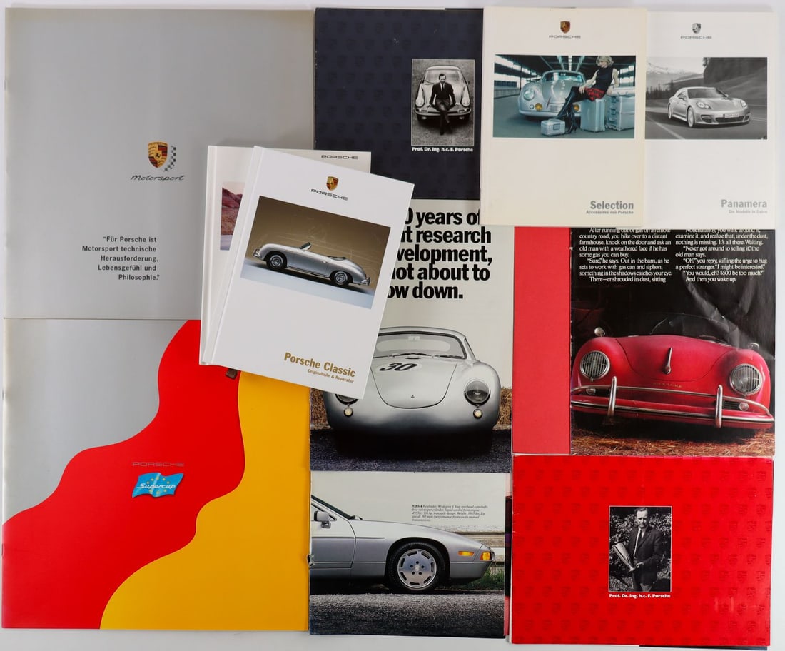 Porsche 11-Piece: 4 hardcover brochures type Panamera, Selection, Porsche Classic etc. 2 brochures Motorsport and Supercup, all in German; plus English-language brochures and newspaper articles