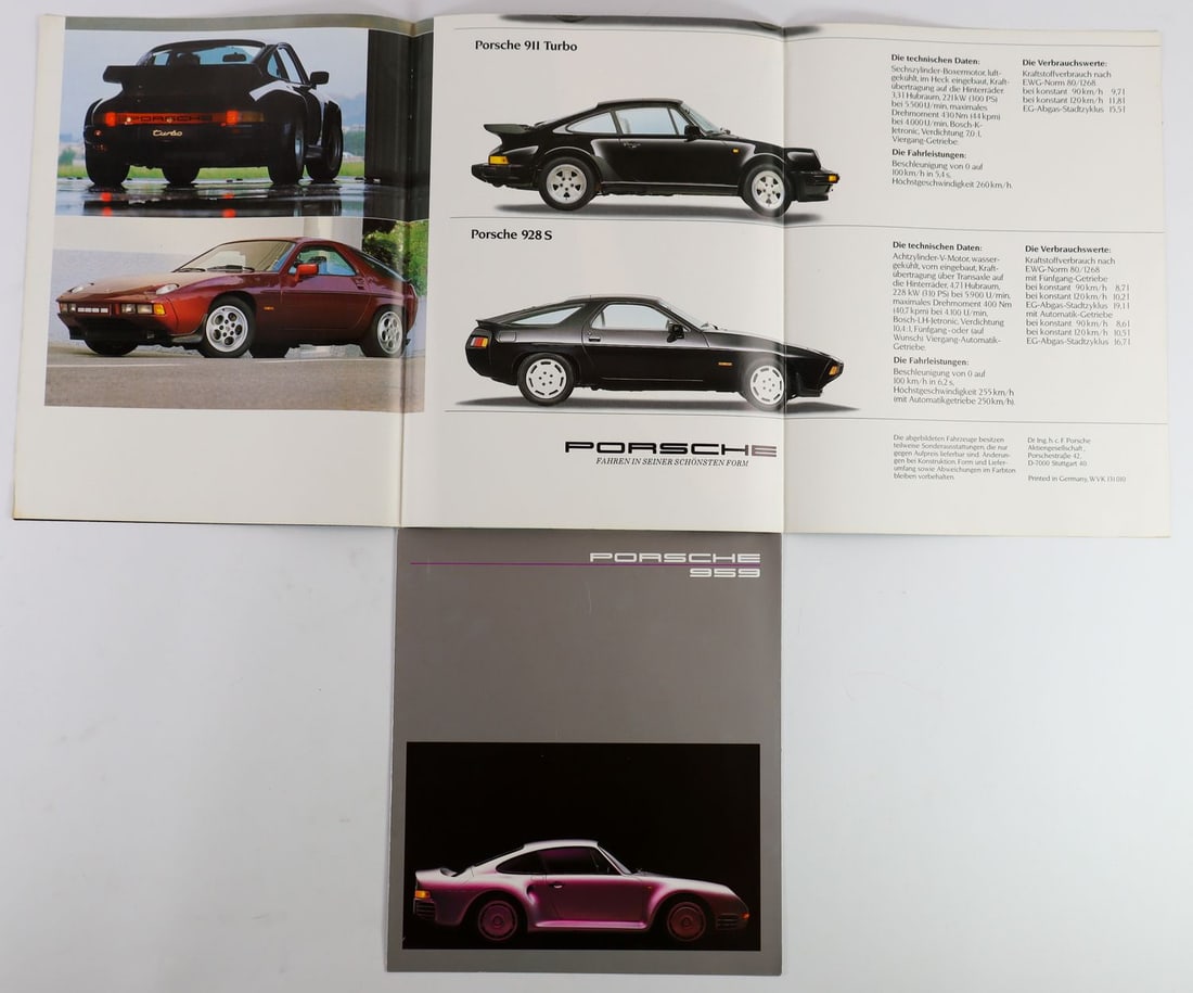 Porsche 2 Brochures / Posters Type 959: Brochure and Porsche reversible poster: front side with Porsche 959 large motif, reverse side shows the model range Type 911 Turbo, 924, 944, 928, etc.