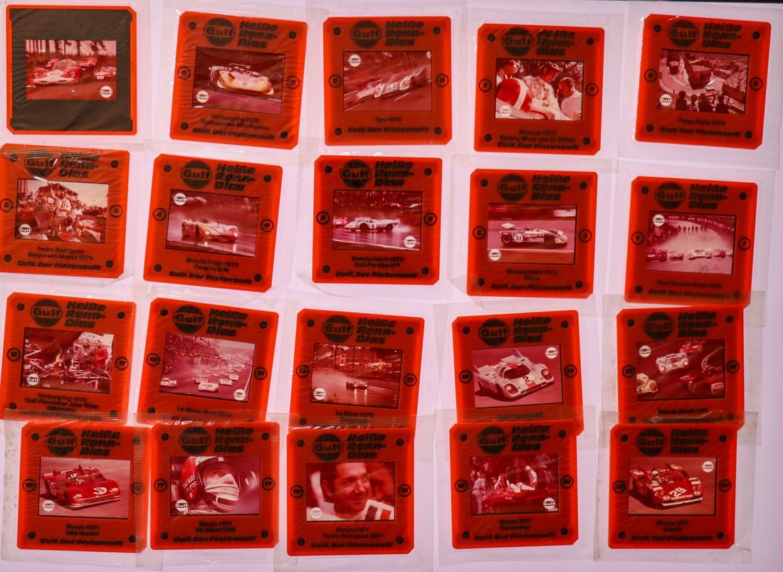 Porsche 20 Original GULF Slides Early 70s: E.g. Targa Florio 1970, Brands Hatch 1970, Nürburgring 1970, Monaco 1970, Spa 1970, Monza 1970, Le Mans Start 1970, Monza 1971 etc., including photographs Ferrari 512S (#1008) by Müller/Parkes