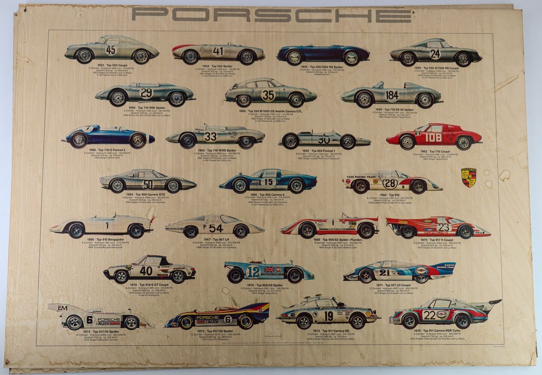 Porsche 2x poster family tree from book 'Excellence was exp: Mounted on picture board, 90 x 70 cm, racing models / road models