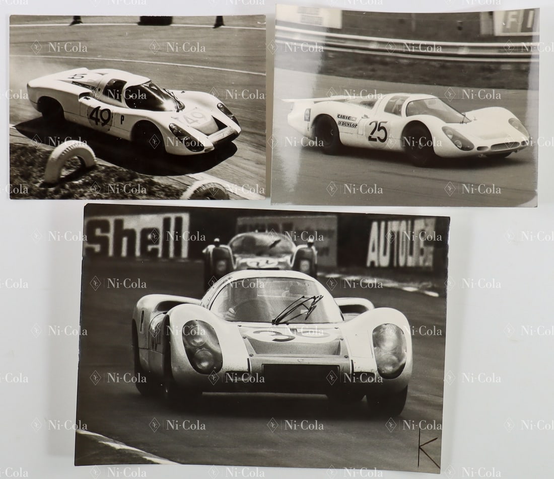 Porsche 3 Original B/W Press Photos Porsche Prototypes from: Type 907 (stamped factory photo Porsche, 12 x 17 cm), Type 910 (Motor Sport Bild, 17 x 23.5 cm), Type 3000 driven by Hans Hermann (DuFoto, 12.8 x 17.8 cm)
